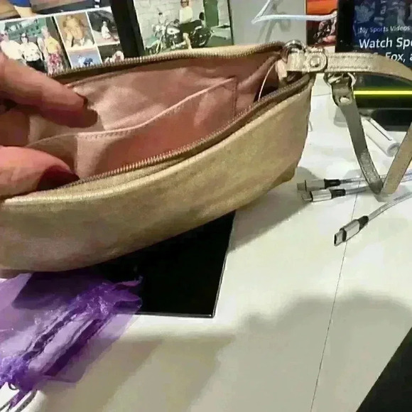 Coach Wristlet Handbag Leather Gold Metallic Shimmer Silver Hardware Rectangle - Picture 4 of 4